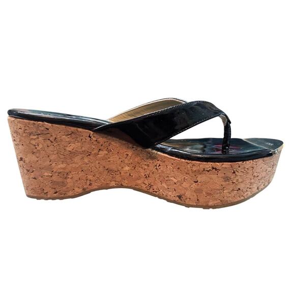 Auth Jimmy Choo Black Patent Leather Cork Wedge Sandals Size 39.5 - Picture 5 of 8